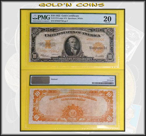 $10 1922 Gold Certificate PMG 20 Very Fine