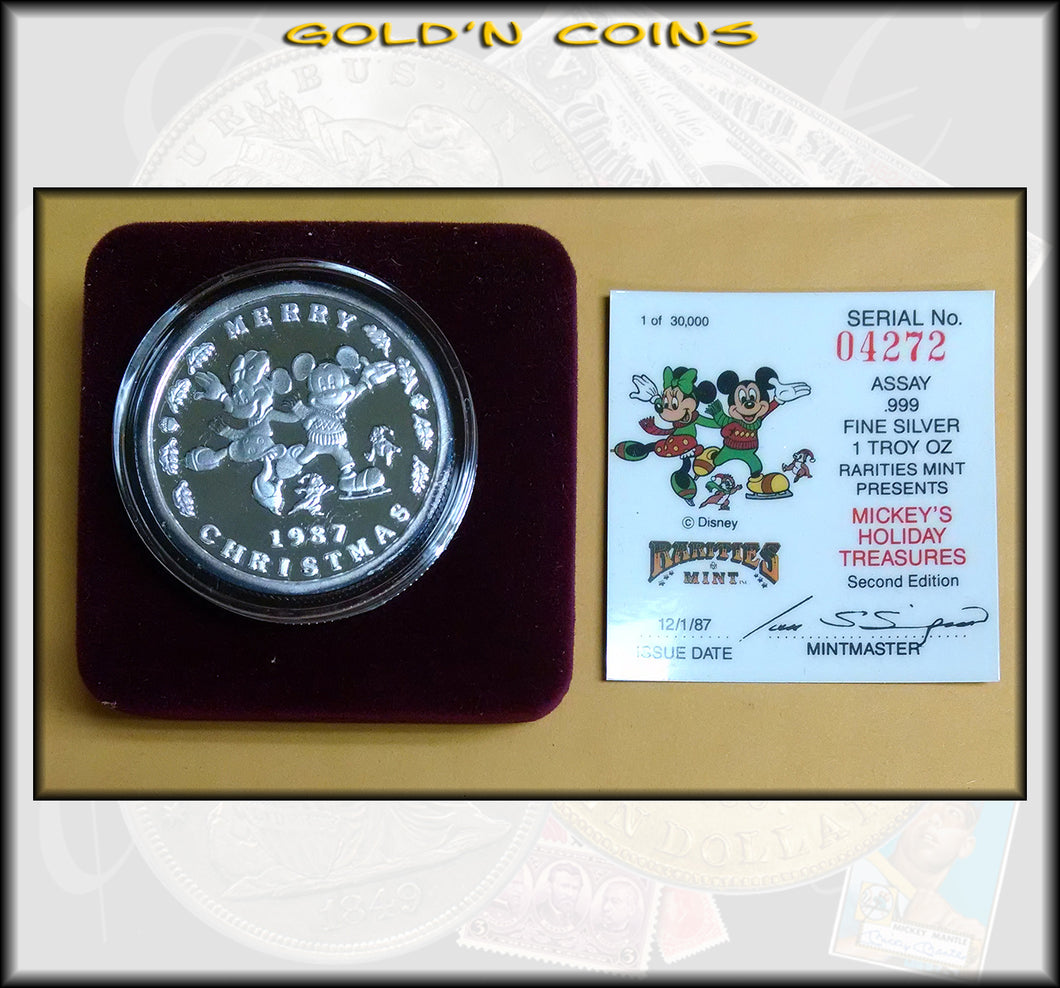 1987 One Ounce Silver Disney Collector Coin Mickey's Holiday Christmas